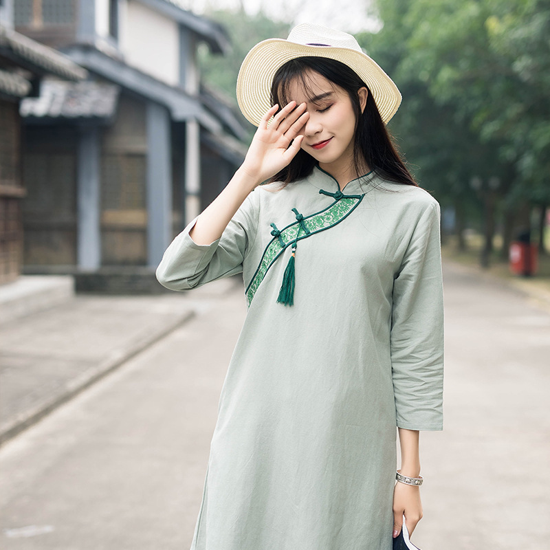 1139 retro long sleeve Chinese style buckle dress embroidered cotton linen autumn tassel dress tea clothes
