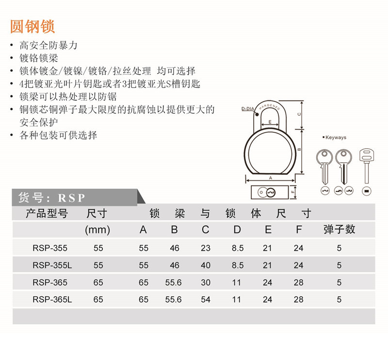 Factory direct supply of padlocks, door locks, lock sets, round steel locks, copper lock cores, high safety, anti-violence, chrome-plated, gold-plated and nickel-plated, safety and anti-picking, 55-65mm pic 1