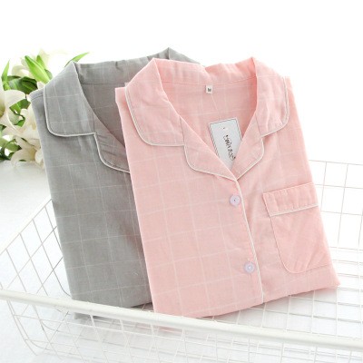 情侶睡衣純棉紗布格子睡衣雙層紗布家居服套裝男女睡衣廠家批發