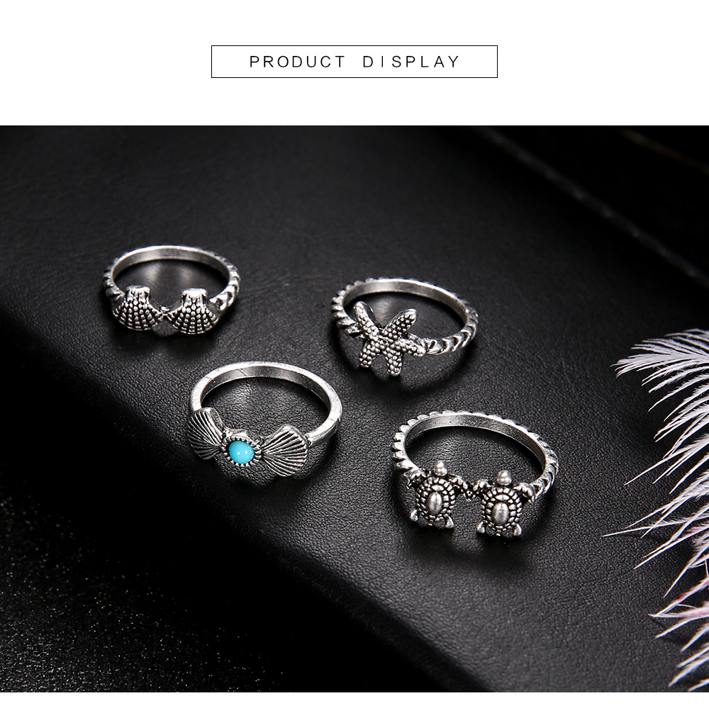 Beach Occasion Alloy Material Beach Tortoise Starfish Shell Alloy Inlay Turquoise Women's Rings
