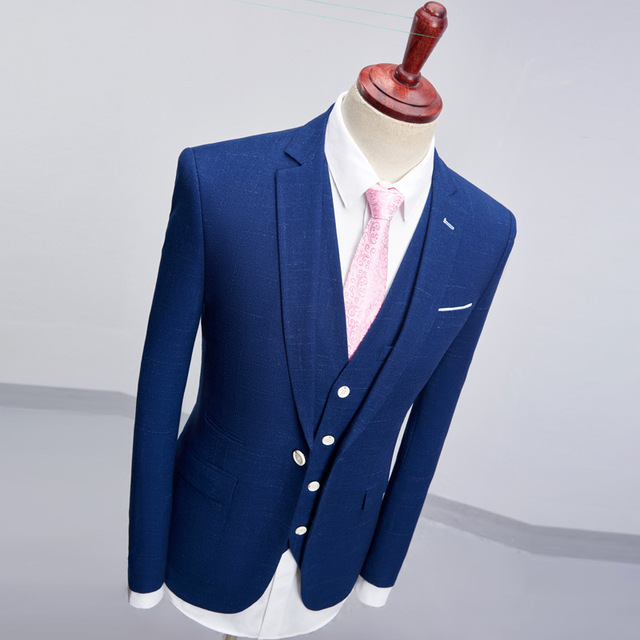 Business men’s suit slim fitting navy blue suit three piece wedding bridegroom performance dress