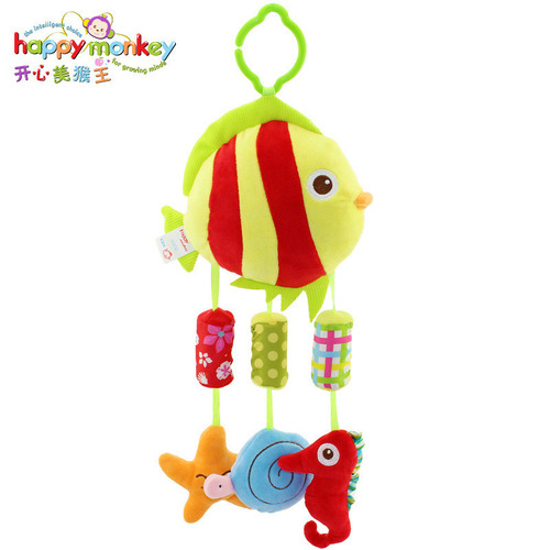Happy Monkey baby carriage hanging soothing plush toy 0-1 year old baby with ringing paper bed bell wholesale