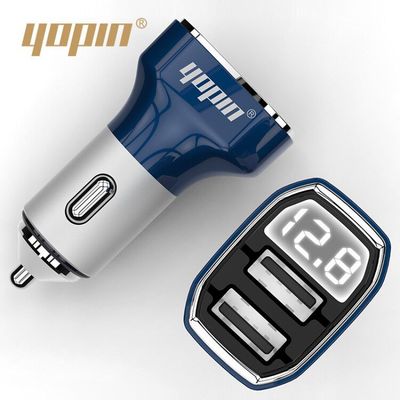 YOPIN新款數顯車載充電器 雙USB鋁合金智能壹拖二汽車手機充電器