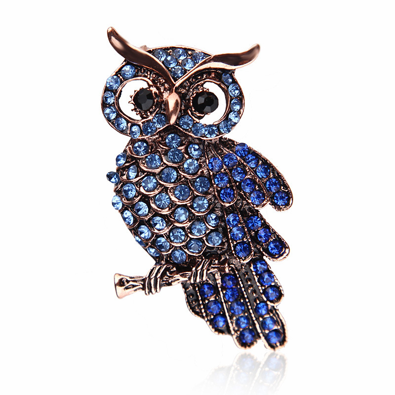 Koreanische version der mode einfache retro diamant besetzte blaue eule brosche pin frauen kleidung pin zubehör_voghion.com
