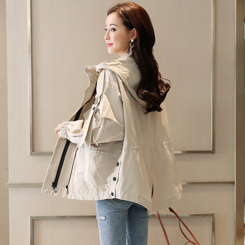 短外套女2019春季新款休闲百搭时尚连帽棉上衣系带潮流短款风衣女|ru