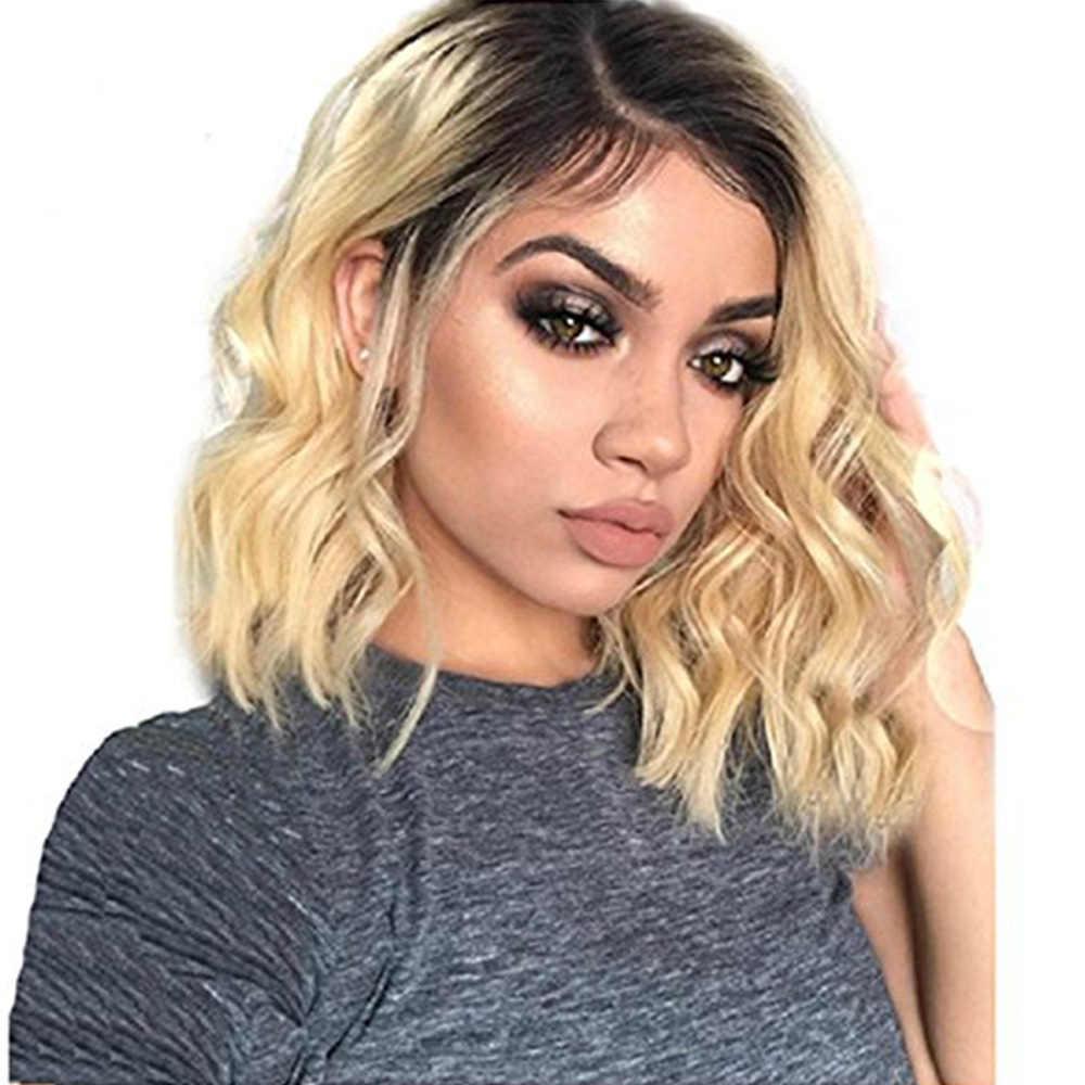 Short Wavy Bob Synthetic Lace Front Wigs Dark Root Blonde Color