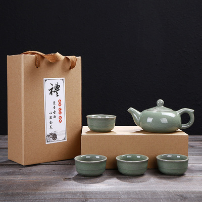 批发15头哥窑功夫茶具创意开片陶瓷套装高档商务国庆礼品定制LOGO