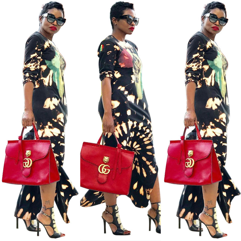 Spot! F65 cross-border foreign trade explosions Europe and the United States sexy round neck printing long sleeve split dress nightclub skirt Spot! F65 cross-border foreign trade explosions Europe and the United States sexy round neck printing long sleeve split dress nightclub skirt