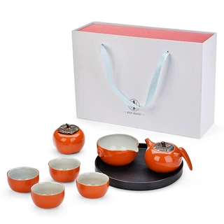 旅行茶具功夫茶具套装家用小套装商务礼品便携包事事如意柿子茶具