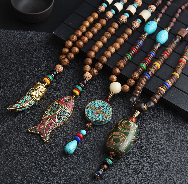 Ethnic Style Round Fish Alloy Wood Beaded Plating Unisex Pendant Necklace 1 Piece display picture 1