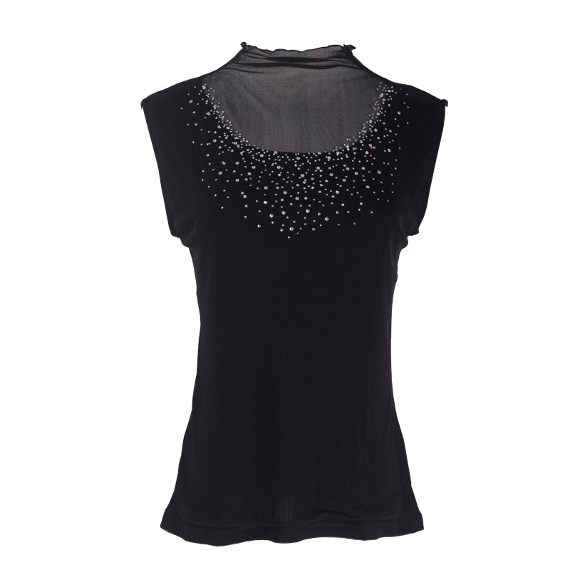 Womens Silk Sleeveless Turtleneck Top 100 Mulberry Silk Lace Trim Rhinestone Detail Elegant Layering Piece