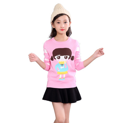 2020 Autumn Children's clothing girl sweater Korean Edition Cartoon Girl Image Small dots Jacquard weave Long sleeve On behalf of