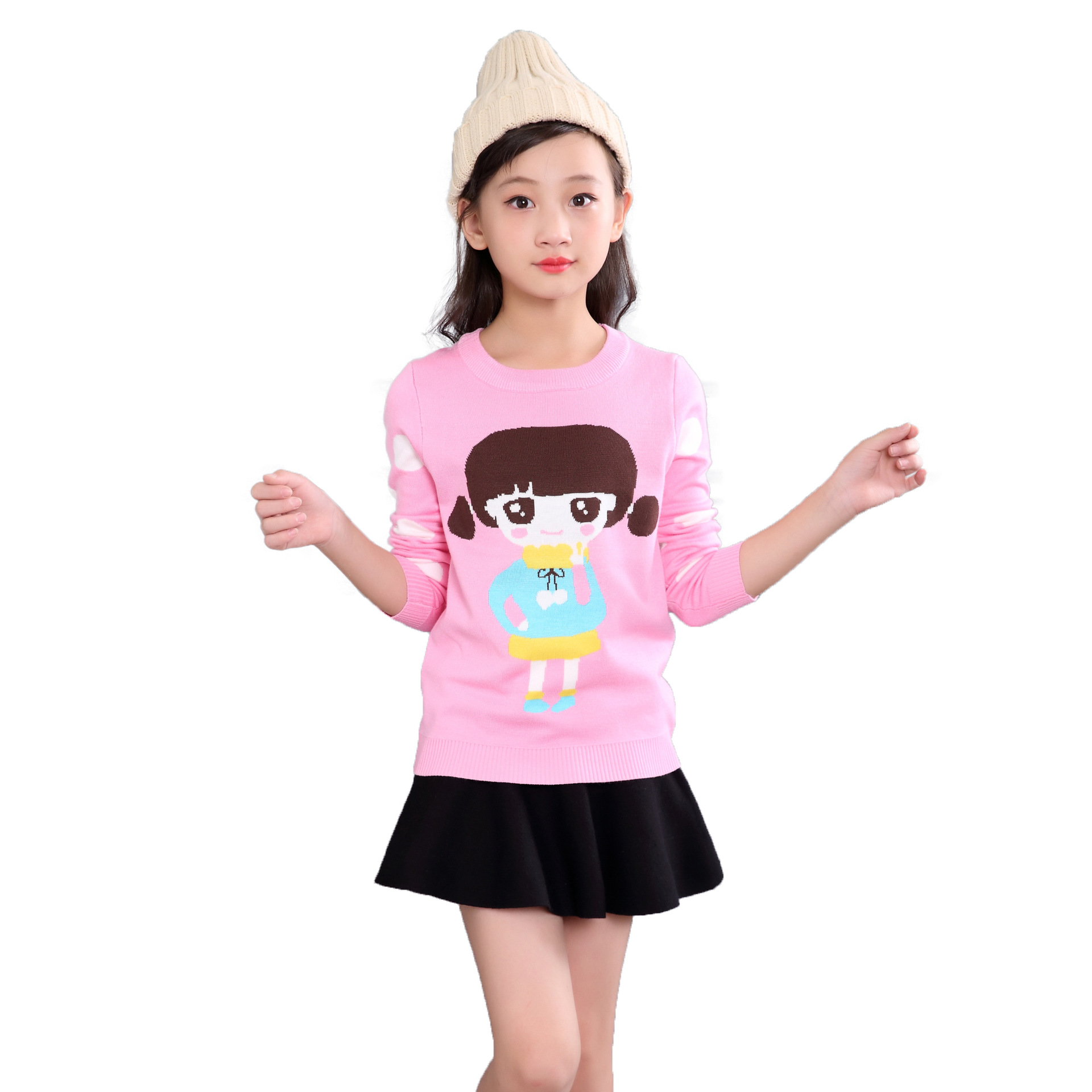 2020 Autumn Children's clothing girl sweater Korean Edition Cartoon Girl Image Small dots Jacquard weave Long sleeve On behalf of