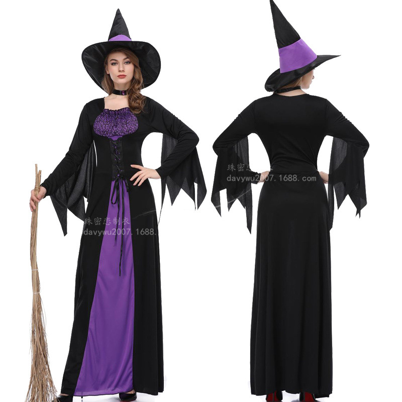 厂家新款万圣节女巫服装 成人角色扮演紫色巫婆长裙cosplay演出服