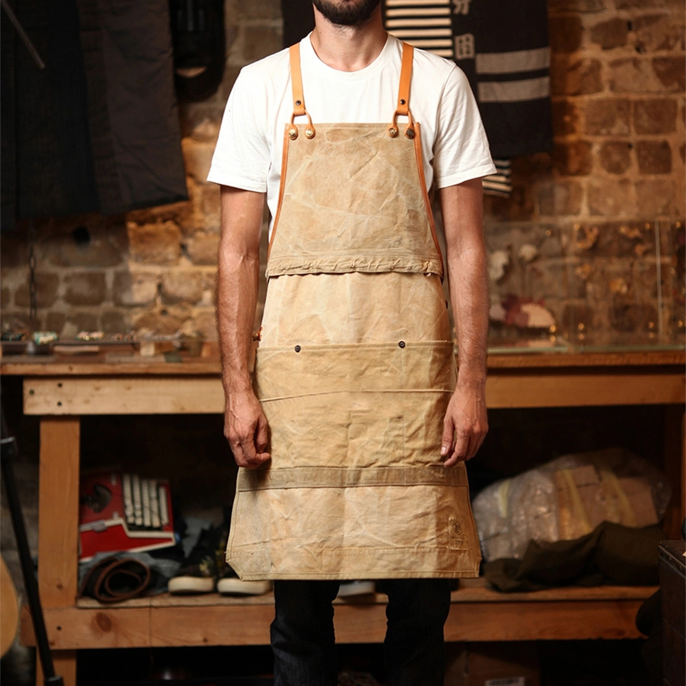 复古卡其色棕色PU防水防污工作围裙咖啡厨师烧烤围裙可定制LOGO