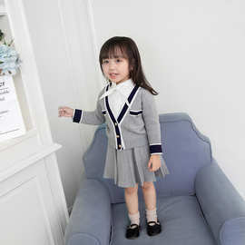 2021春季新款韩版童装一件待发学院女童针织上衣开衫短裙两件套