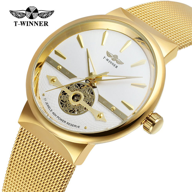 Winner-162G hombres de negocios reloj mecánico automático casual correa de acero máquina transparente inferior reloj mecánico