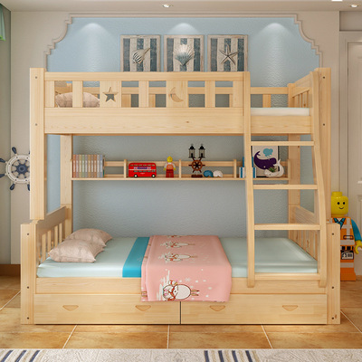 Modern minimalist Bunk beds Solid wood bed 7*7 pillar Free combination double-deck bed Pump belt bookshelf Children bed
