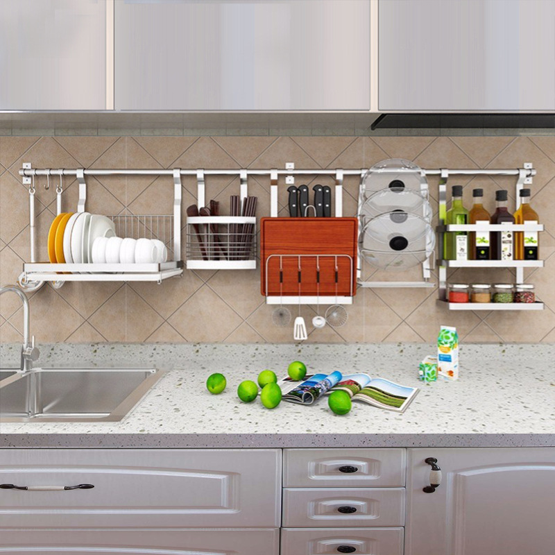 Tool carrier Wall hanging kitchen wall Free punch Shelf Stainless steel Storage rack Flavor Lid Dish rack Chopsticks