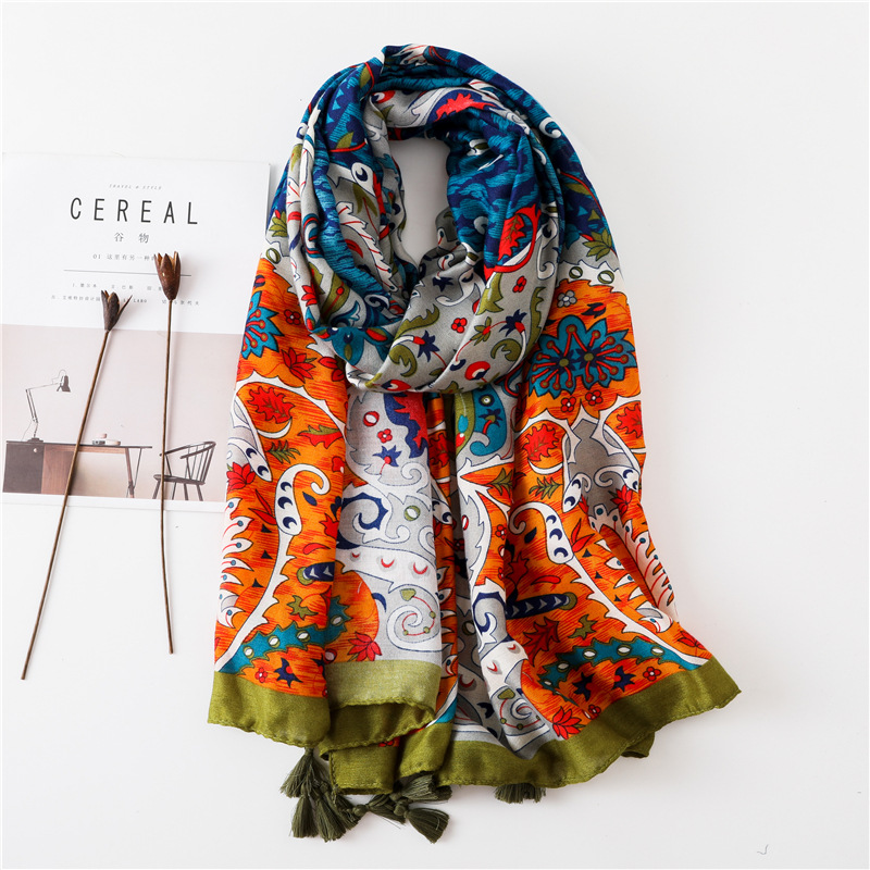 Sun Shawl Women Summer National Style Cotton And Linen Silk Scarf Printing Tassel Tulle Travel Beach Towel Sunshade Scarf display picture 57