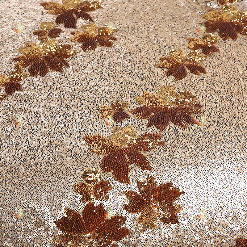 厂家直销网布底3mm亮片绣花布 紫荆花礼服舞台服装珠片绣花面料