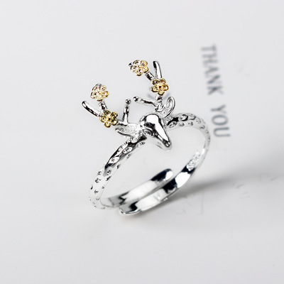 Korean Edition Silver Antlers Fawn Ring Opening Ring Female models Hand jewelry Christmas Antlers gift Jewelry