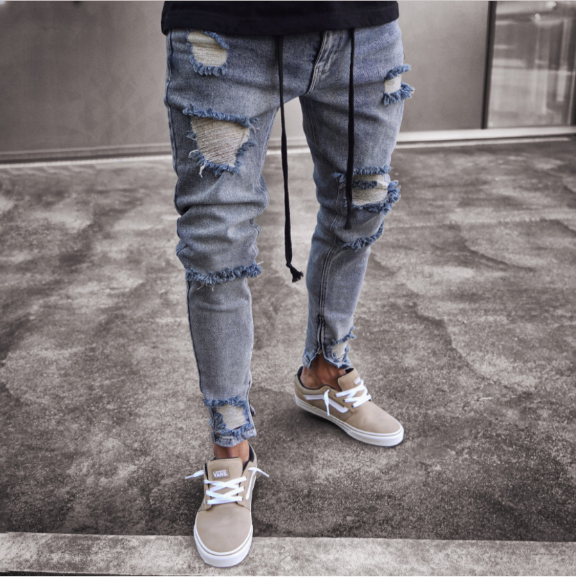 Herrjeans med revor trendiga biker denimbyxor för herr_voghion.com