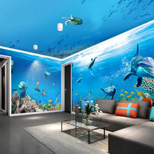 定制个性唯美海底世界海豚主题空间3D卧室客厅全屋背景墙纸壁画