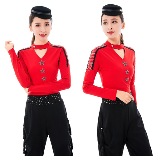 Navy Blue Cotton Long-Sleeve Women's Suite for Square Dance Performance - New Arrival Autumn Fashion Solid Color Uniform Dance Costume