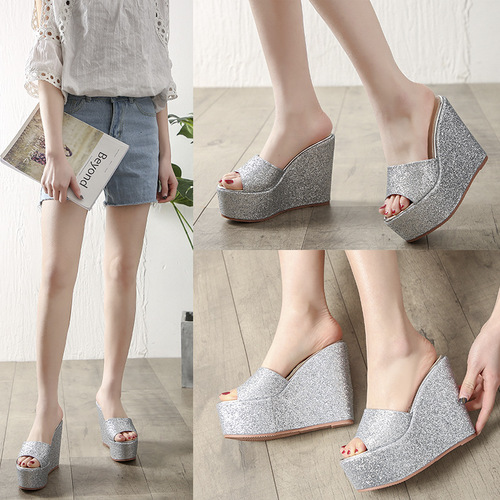  New Sweet Fashion Casual Simple Sequin Fabric Wedge Thick-soled Women's Slippers Platform Women's Sandals 118-31