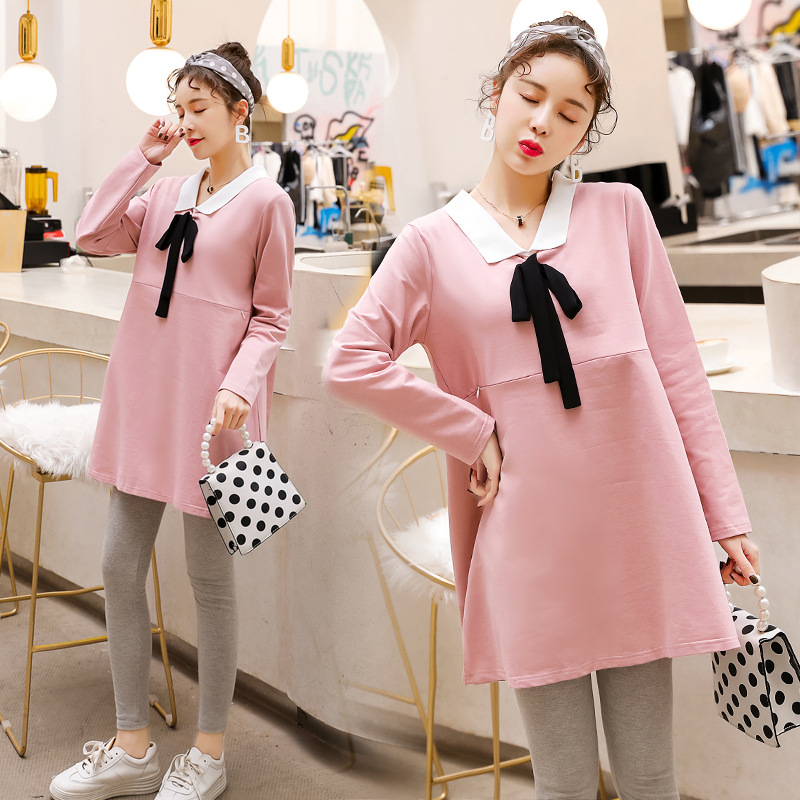 翻領時尚孕婦裝長袖哺乳衣春秋裝喂奶外出服中長款T恤上衣XF-1881