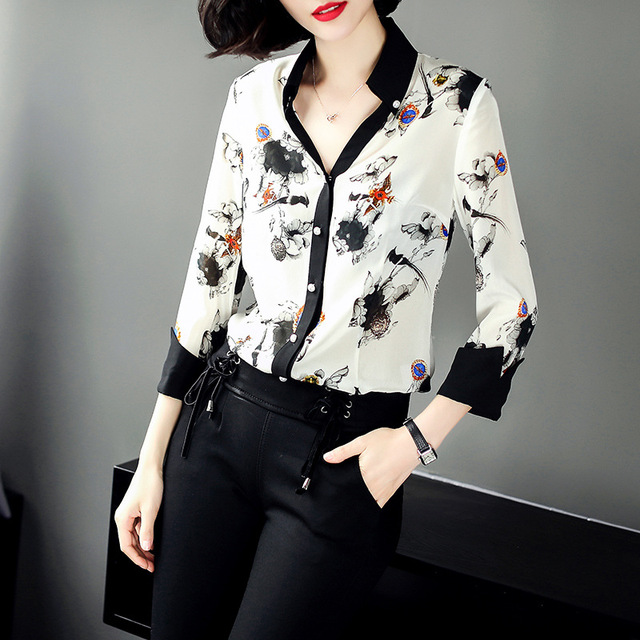 Spring women’s silk silk shirt V-Neck long sleeve printed shirt summer