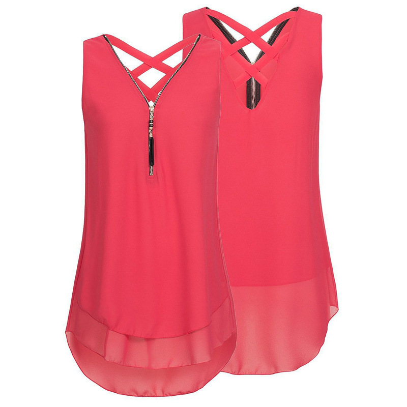 Cross border Source of goods AliExpress 2020 Summer Amazon WISH back overlapping Front zipper Self cultivation Chiffon shirt