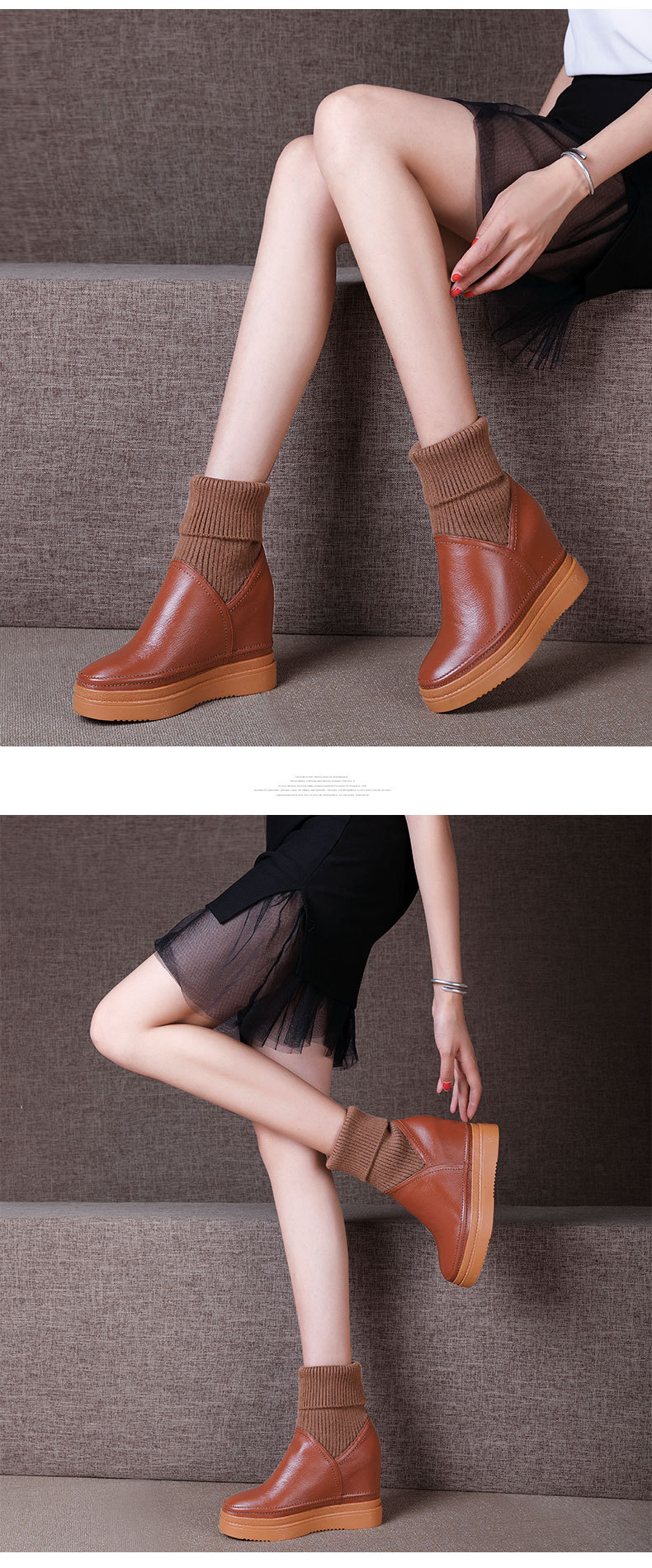 Giày boot nữ cổ thấp phong cách Hàn Quốc, tăng chiều cao, dốc gót, dễ phối đồ — Màu nâu lót nhung chi tiết 4