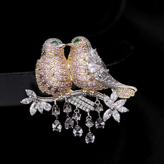 Korean version of light luxury color zircon high-end brooch women's suit accessories brooch couple bird love bird corsage
