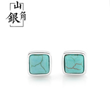 复古中国风天然绿松石耳钉女士文艺气质S925纯银方形耳饰一件代发