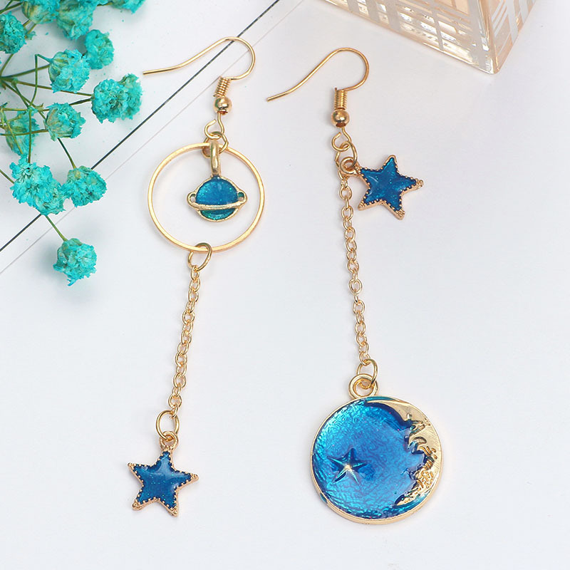 Lady Heart Asymmetric Blue Starry Sky Moon Universe Planet Earrings display picture 2