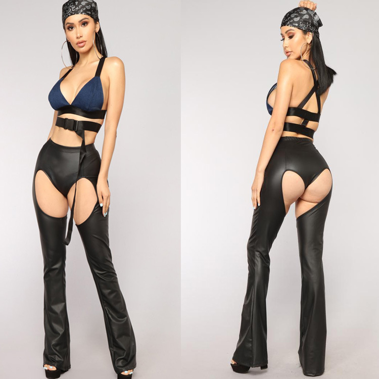 European And American Hot-selling Peach Hip Sexy Imitation Leather Bell-bottom Pants Nightclub T-shaped Hip-lifting Sexy Trousers Leggings For Women