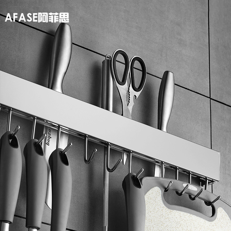 Stainless steel 304 no-drilling knife holder kitchen hanger, movable hook wall-mounted kitchen storage rack with towel rod