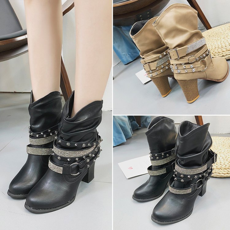 秋季爆款2018大码女靴粗跟时尚水钻金属皮带扣女靴圆头靴子女长靴|ru