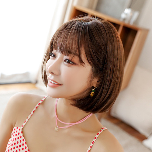 female short hair bobo wig Korean bobo head short straight hair realistic synthetic fiber wig set