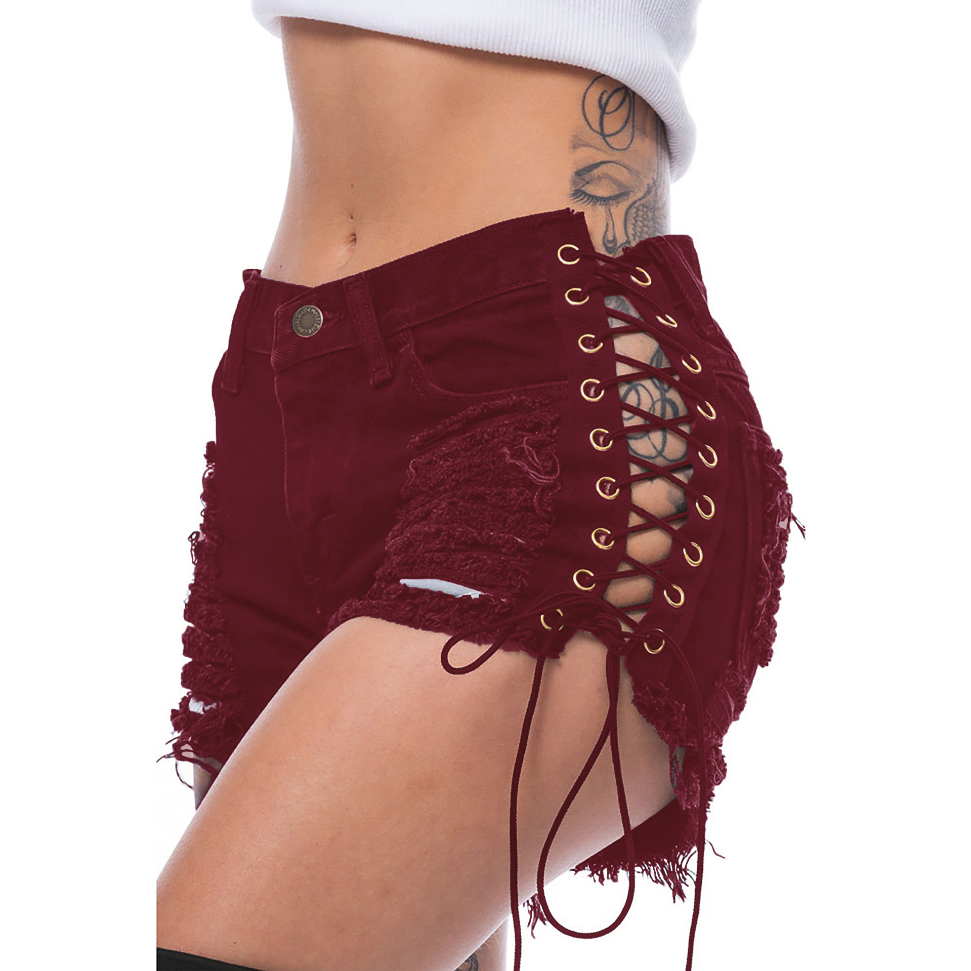 Side Bandage Ripped Denim Shorts NSYB77208