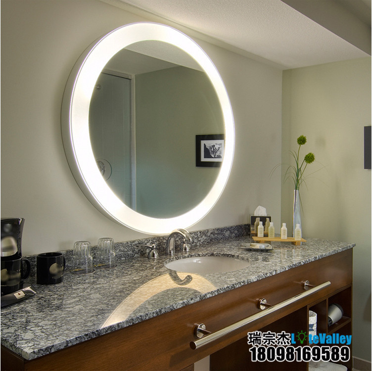 壁挂不锈钢框圆形镜LED卫浴防雾镜酒店定制工程镜智能灯镜