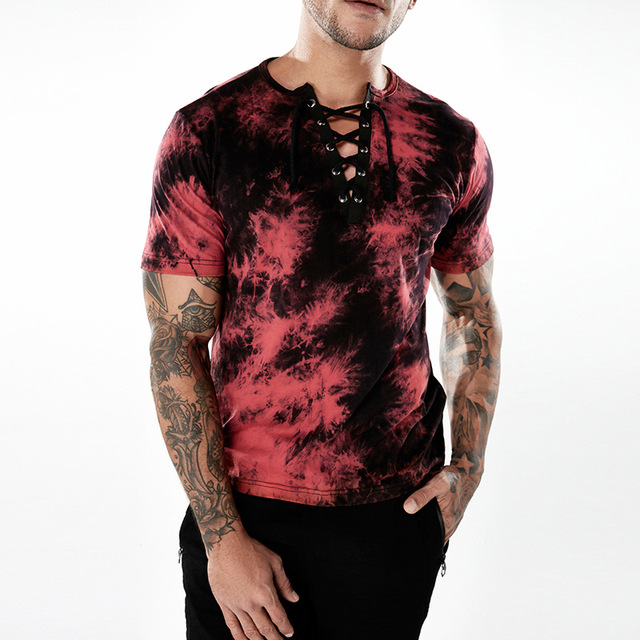 Men’s T-shirt trendy pattern rope belt V-collar fashionable