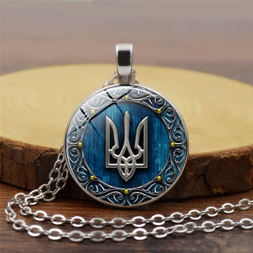 Ukrainian Flag Trident Time Gem Necklace Women's Versatile European and American Popular Pendant Retro Long Sweater Chain