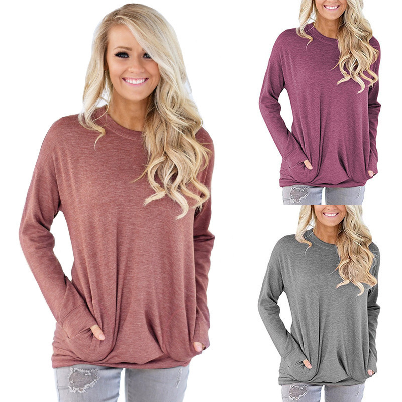 Solid Color Long-Sleeved T-Shirt With Pockets NSYHY105731