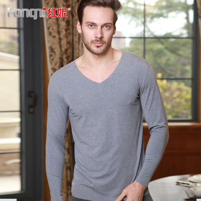 红妮秋冬新款男士V领鸡心领随心裁秋衣薄无痕纯色长袖打底时尚T恤