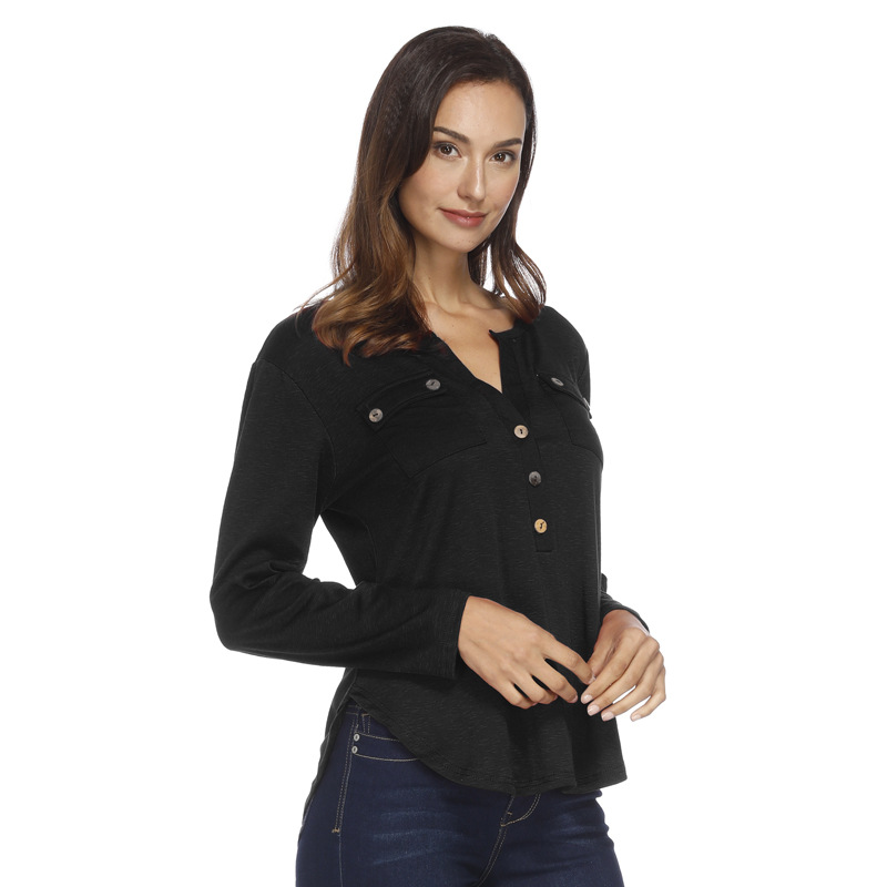 Sexy Deep V Irregular Hem T Shirt Button Pocket Detail Autumn Winter Fashion Top Wholesale Available