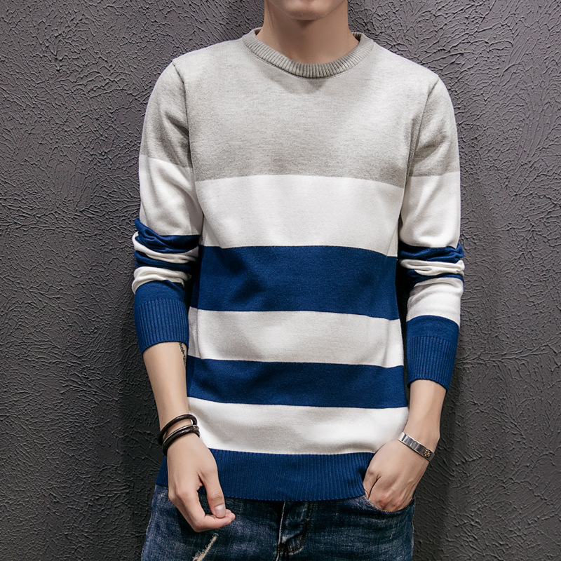 2018秋冬新款青年条纹毛衣男式韩版修身针织衫男装大码线衣服批发|ru