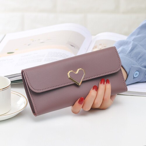2020 summer new style plain heart-shaped decorative long multi-card buckle mobile phone women's wallet factory wholesale